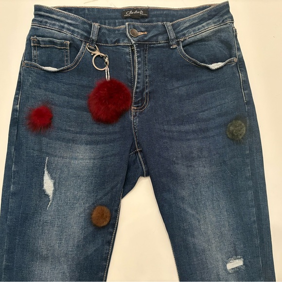 CHARLIE B Denim - CHARLIE B Distressed Blue Jeans with Pom Pom Accents